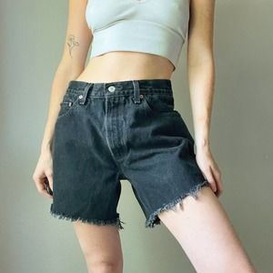 Levi's 505 Black High Waist Raw Hem Biker Shorts